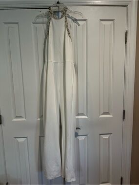 Adrianna Papell Ivory Halter Jumpsuit with Beaded Neckline